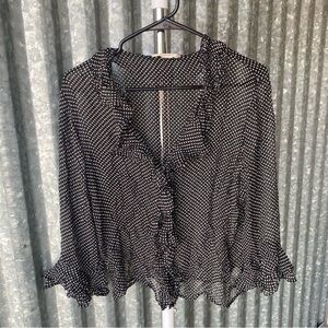 VTG Y2K Black & White Polka Dot 100% Silk Ruffle Blouse Size Large